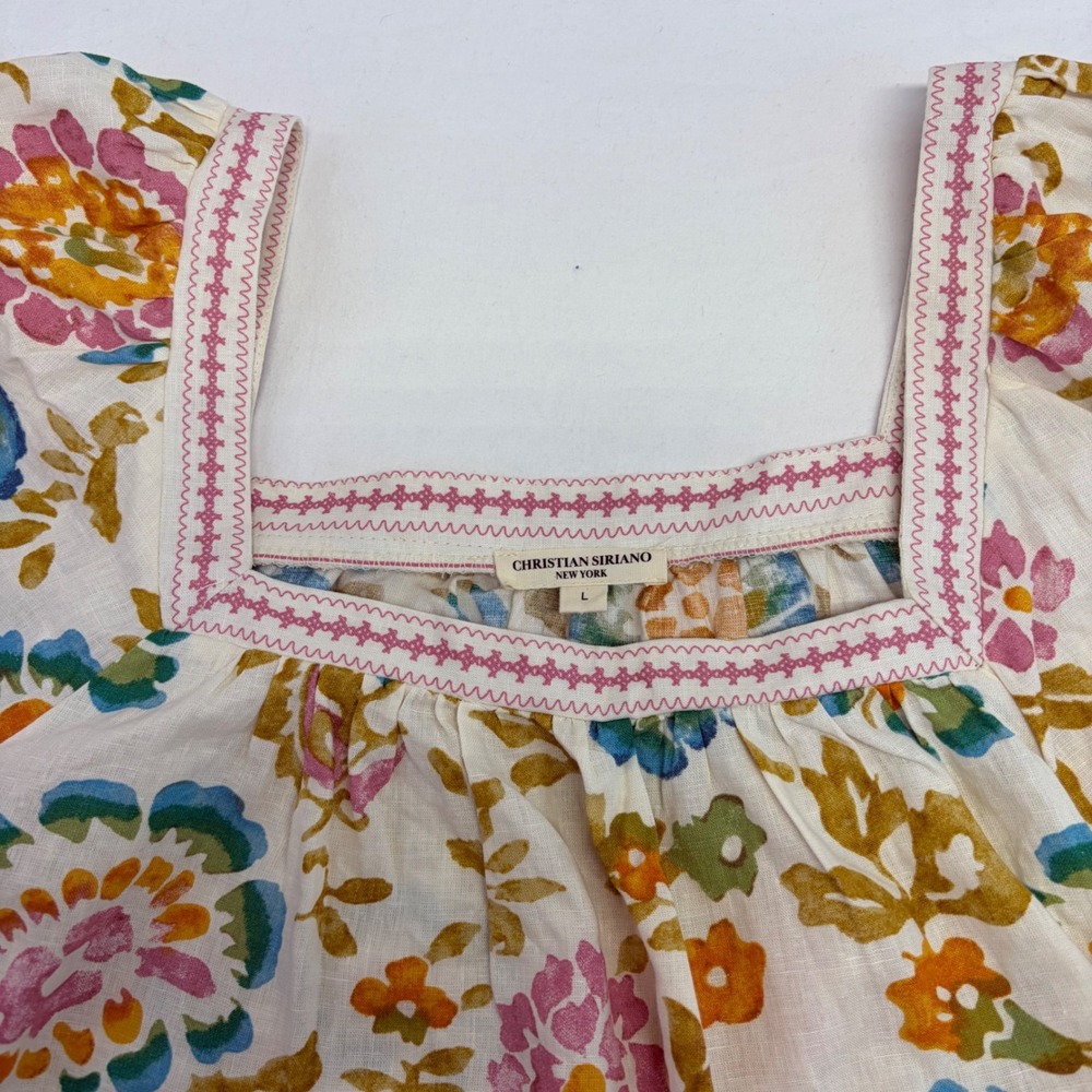 Christian Siriano Floral Crochet Linen Top Women Large Boho Peasant Square Neck - Picture 4 of 14